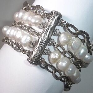 Silpada RARE 5 Stranded White Freshwater Pearl Sterling Silver Bracelet